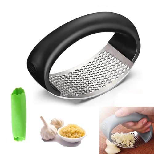 Garlic Press, 2025 Newest Stainless Steel Garlic Crusher Rocker, Cooking Utensil Garlic Slicer, Garlic Grinder for Chopped Vegetables (1, Black)