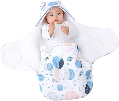 Zoney Baby Hooded Swaddle Soft Baby Swaddle Wrap Sleeping Sack for Newborn 100% Breathable Cotton Baby Wrap Blanket for Boys and Girls Sleep Bag For 0-6 Months (Planet)