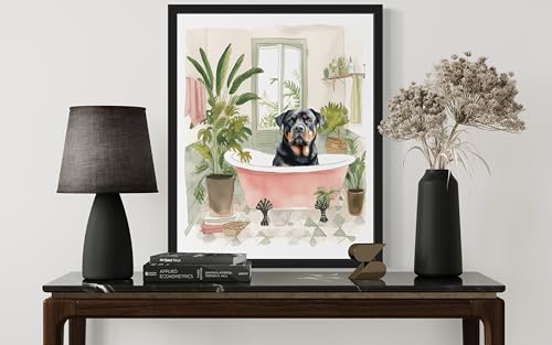 Image of Rottweiler in Bathtub Black Framed Wall Art Poster Print, Animal Bathtub Restroom Wall Art Painting for Bathroom Decor Gallery Gallery 30 (Rottweiler in Bathtub, 14 inch L x 11 inch W, Black Frame)