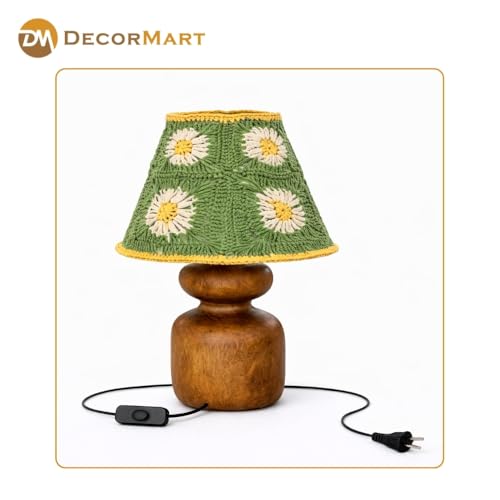 Image of The Decor Mart Crochet Shade Table Lamp with Wooden Base|Sleek Decor Decorative Beside Light for Desk,Bedroom, Living Room, Home Office and Hotel(20x20x30 cm) (Pastel Green)