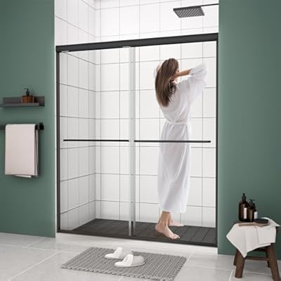 QUAWIP 44-48" W x 70" H Sliding Shower Doors,Semi-Frameless Double Sliding Glass Shower Door with 1/4'' (6mm) Clear SGCC Tempered Glass,Bypass Shower Enclosure (Matte Black, 44-48" W x 70" H)