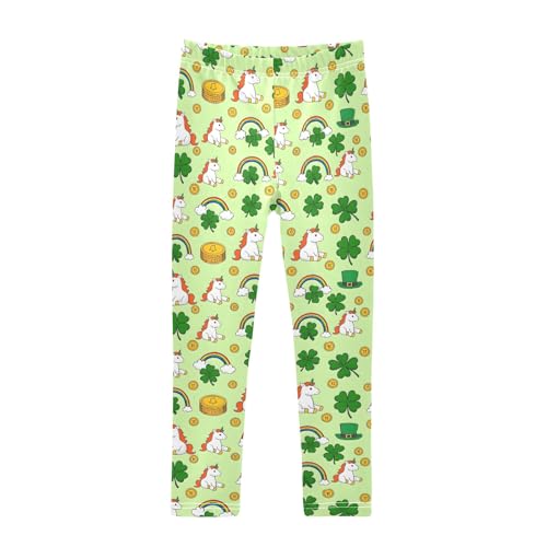 Unicorn Rainbow Clovers Pattern Girls Leggings Soft Comfortable Athletic Leggings Dancing Pants for 4-10 Years