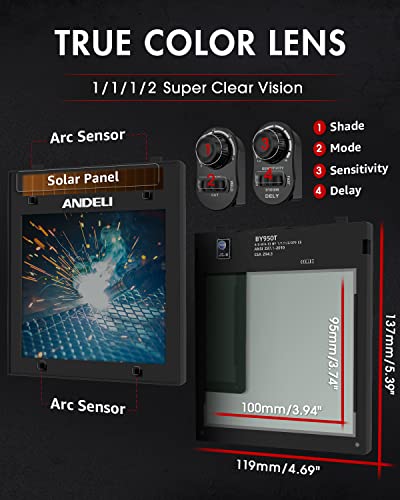 Andeli Welding Helmet,3.94"X3.74" Large View Welding Helmet Auto Darkening True Color,Solar/Battery Power Welding Hood With 4 Arc Sensor,Cool Welding Mask Din5-8/Din9-13 For Tig Mig Arc (Red Cat) #TOP2