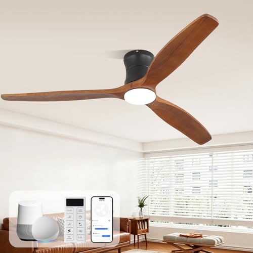 Sofucor 52 Smart Ceiling Fan Solid Wood Ceiling Fan with Lights and Remote Flush Mount Ceiling Fan Works with Alexa/Google/App Dimmable 6-Speed Timing Reversible DC Motor for Bedroom Living Room