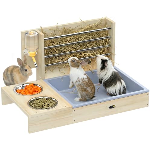 PawHut Râtelier à Foin en Bois pour Lapin - Mangeoire Lapin 3 en 1 avec Bac à Litière et Bouteille d'eau - Station de Nourrissage avec Bols en INOX pour...