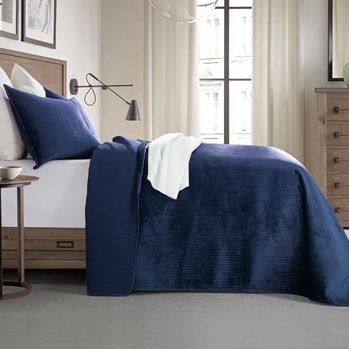 Elegant Comfort Luxury 3-Piece Velvet Corduroy Stripe Quilt Set, Ultra Soft Bedspread - Cozy Velvet Coverlet Set - 3PC Medium Weight Quilted Set with Matching Pillow Shams, Queen, Navy Blue