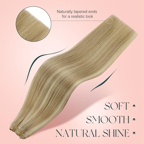 Image of Easyouth 20 Inch Weft Hair Extensions Human Hair Highlight, Invisible Weft Hair Extensions Human Hair Highlight, 100G, Dark Ash Blonde with Golden Blonde, Sew in Extensions, for Women