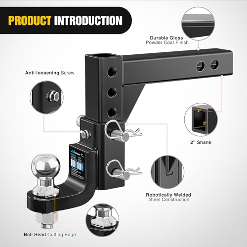 Image of Nilight 8-Position Adjustable Trailer Hitch Ball Mount with 2 inch Ball Fits 2 Inch Receiver with 5 /8 inch Pin Lock 7500 lbs, 9-1 /2 inch Drop, 8-1 /4 inch Rise Hitch for Trailers Boats Pickups RV