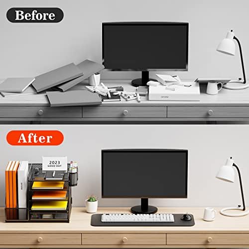 Restorgan Desk Organiser with File Holder, 5-Tier Paper Tray Organiser with Drawer and 2 Pen Holder, Mesh Desk File Organiser with Magazine Holder for Home Office Supplies
