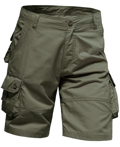 Image of Husmeu Cargo Shorts Men with Pockets Shorts for Men UK Cotton with Multi Pockets Workwear Army Green 34