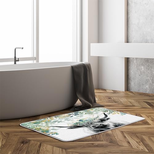 Sunhe Farmhouse Highland Cow Bath Mat Western Farm Animal Green Leaves Longhorn Bull Rustic 16