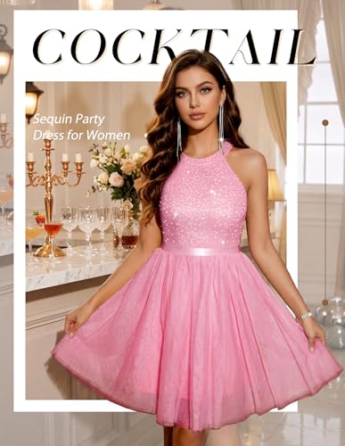 Image of Dressystar Women's Sequin Short Prom Dress Sparkly Halter Tulle Cocktail Party Homecoming Dresses