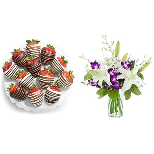 Valentines Day Orchids & Chocolate Strawberry Bundle | KaBloom - Bouquet of 3 White Lilies, 5 Purple Orchids with Vase & A Gift Inside - 12 Dark/Milk/White Chocolate Strawberries
