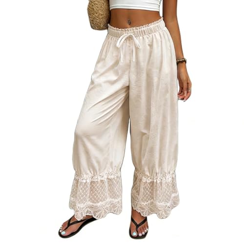 Women Bloomers Pants Y2K Flare Lace Trim Vintage Pantaloons Cute Ruffled Pumpkin Pants Capri Pajama Bottoms (APRICOT L)
