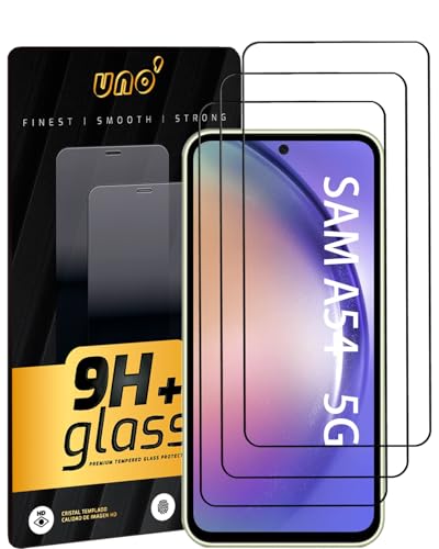 UNO' - 3 Und, Protector de Pantalla para Samsung A54 5G (6.4'), Vidrio Templado 9H, Cobertura Completa con Bordes Curvos, Ultra Resistente, Transparente, Antiarañazos, Antihuellas, Sin Burbujas.
