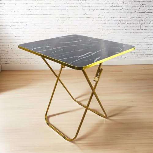 SKY-TOUCH Folding Table, Multi-Purpose Iftar Table with Black Marble-Look Wood Top Gold Metal Frame, for Prayer, Dining, Sofa Side, Outdoor & Bedroom, No Assembly, Portable & Space-Saving(60*60*70cm)