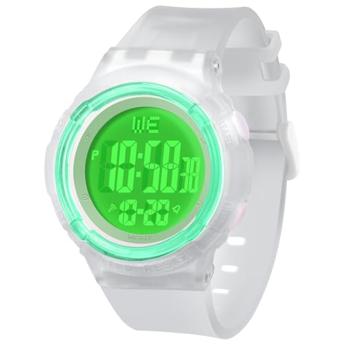 ITOOZYNN Digital Light Up Watch for Boy and Girl,Kids Watch Ages 7-16,Waterproof 5 ATM,School,Outdoor,Sports (TP White)