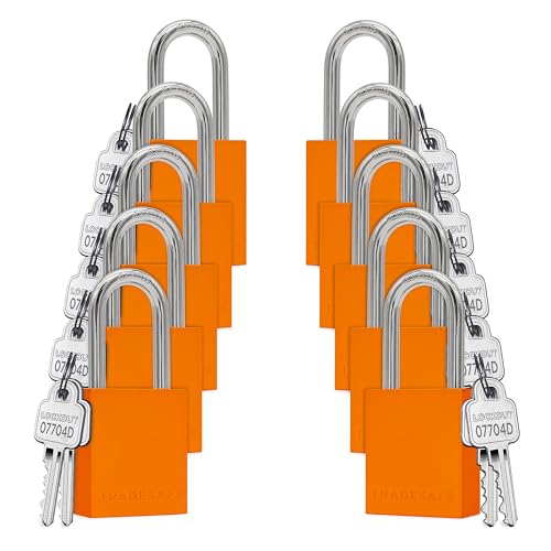 Image of TRADESAFE Lockout Tagout Locks Set - 10 Orange Aluminum Loto Locks, Lock Out Tag Out Padlocks Keyed Alike, 2 Keys Per Lockout Padlock, OSHA Compliant