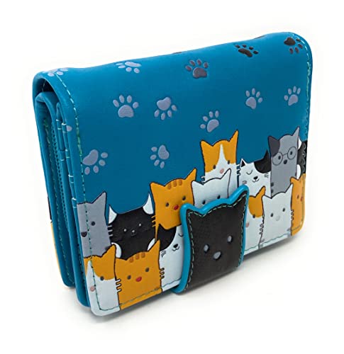 Shag Wear Kitty Cat Crowd Chic Small Animal Wallet For Women and Teen Girls Vegan Faux Leather Teal 4.5