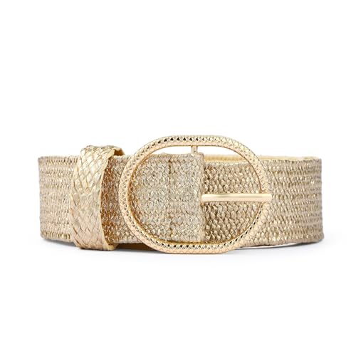 RISANTRY Gold Straw Woven Elastic Belt for Women Gold Buckle Boho Waist Belt Stretchy Rattan Raffia Belt for Dresses