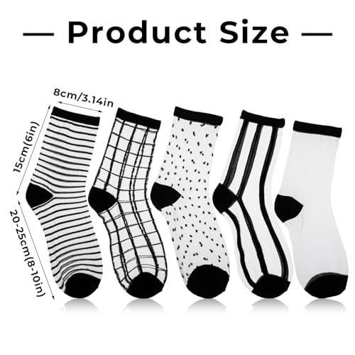 Lusofie 5Pairs Sheer Ankle Socks Black See Through Socks Striped Plaid Dot Cute Transparent Socks for Women Girls2