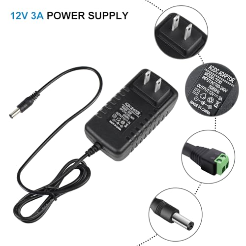 Image of 12V Power Supply, 12 Volt 3A 36W DC Power Supply, Black LED Power Adapter, AC 110V to 12V Wall Mounted Transformer Plug for LED Strip Lights with 5.5 /2.1 DC Female Connector