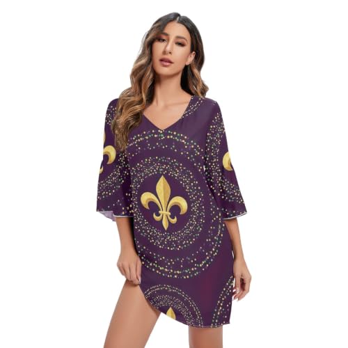 Robe col en V manches 3/4 hawaïenne dorée au tissu fluide infroissable