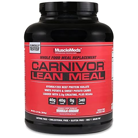 MuscleMeds CARNIVOR LEAN MEAL whole food meal replacement shake, MRE, beef protein isolate, white potato, sweet potato, 40g protein, 40 g carbs, lactose free, sugar free, Vanilla Cream 20 servings Cover