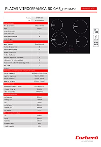 Corbero-CCVBR6450-Placa-Vitroceramica-de-60-cms-4-Zonas-Potencia-6400-W-Control-Touch-4-Fuegos-Doble-zona-23-Cms-9-Niveles-de-Potencia-Temporizador-de-99-min
