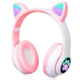 Auriculares para Niños Inalámbricos con Luz LED, Auriculares de Diademacon Orejas de Gato para Niñas, Bluetooth Plegables Auriculares con...
