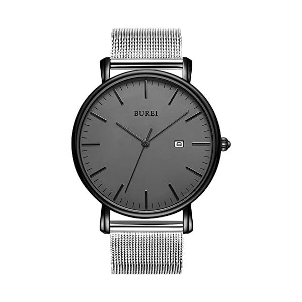 BUREI Stilvolle Herren Uhren Minimalistische Ultra Slim Datum Großes Gesicht Armbanduhr mit Edelstahlband