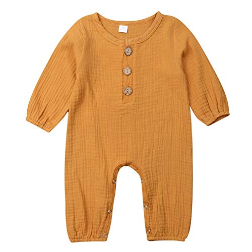 Baby Boys Girls Long Sleeve Cotton Linen Romper One-Piece Solid Color Button Jumpsuit (0-3M, Yellow)