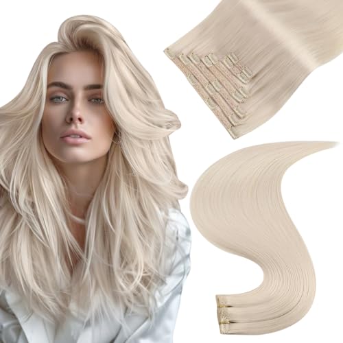 Easyouth Blonde Clip-In Real Hair Extensions Platinum Blonde Real Hair Clip-In Extensions Light Blonde Hair Extensions Real Hair Clips Remy Human Hair Straight 55 cm #1000 7 Pieces 120 g