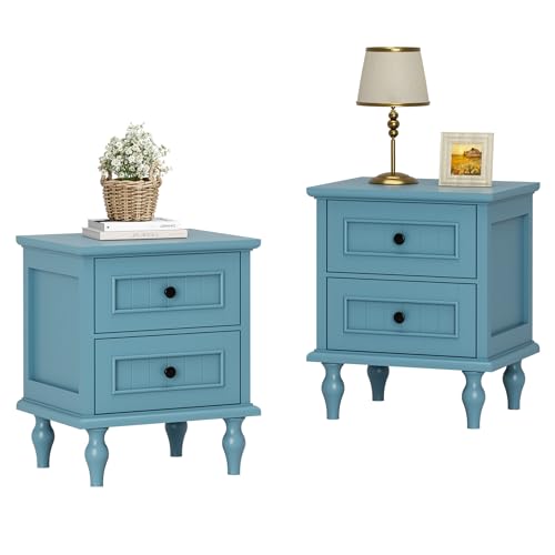 Scurrty Nightstand Set of 2, Antique Style End Table with 2 Drawers, Taller Nightstand for Bedroom, Side Table for Bedroom (Blue, Double)