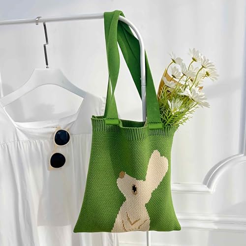 Bolso tote con conejito tejido verde para mujer miniatura 6