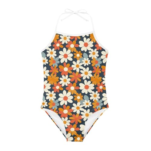 Image of KiuLoam Orange Pink Tropical Leaf Girls One Piece Swimsuit Quick Dry Beach Swim Bathing Suit for 3-8 Years Little Girls