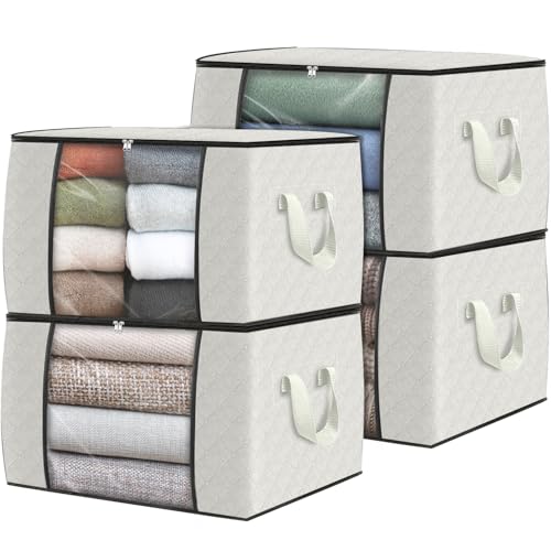 Image of Fab totes 4 Pack Clothes Storage, Foldable Thick Fabric Blanket Storage Bags, Containers for Organizing Bedroom, Closet, Clothing, Comforter, Organization with Handle,Ivory White