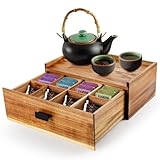 Tea Bag Storage, Acacia Wood Capacity Tea Box Organiser Drawer with12 Compartments, Wooden Storage Box for Countertop Living Room, Kitchen, Office, Home Decor