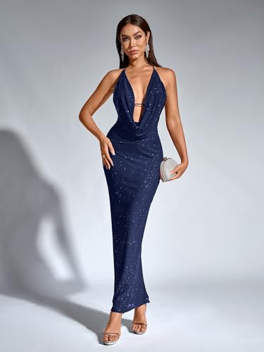 Image of KUTUMAI Women V Neck Long Formal Dress Floral Bodycon Maxi Split Back Dresses Sexy Sequin Evening Cocktail Party Gown
