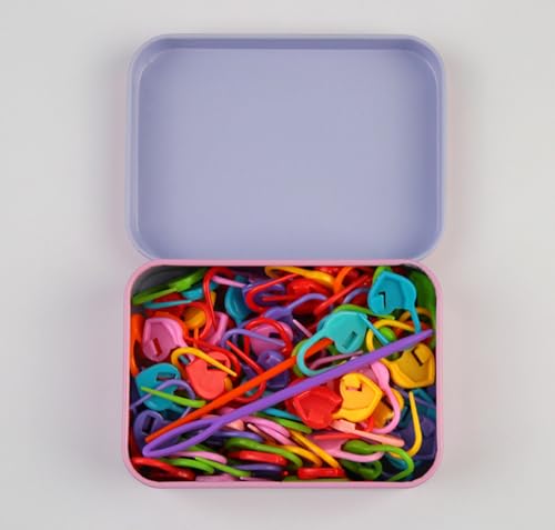 Criprix Marcadores de Crochet, 100 Piezas, 10 Colores, Clips de Bloqueo de Puntada con Caja Metálica Rosa y 2 Agujas de Plástico