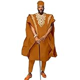 African Men`s Clothing Embroidery Agbada Shirts Pants and Hats 4 Piece Set Garments for Wedding Evening Yellow X-Large