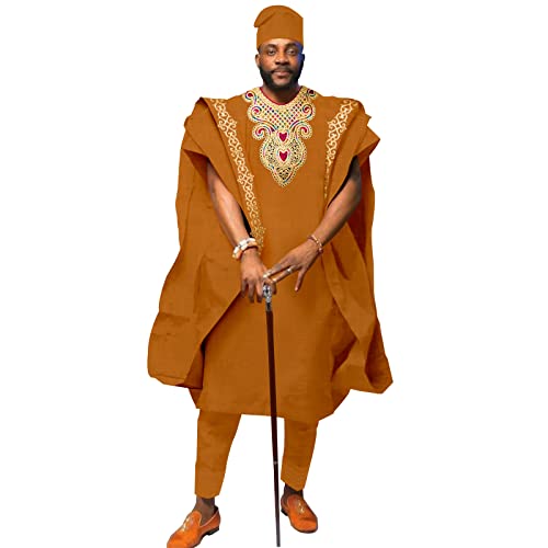 African Men`s Clothing Embroidery Agbada Shirts Pants and Hats 4 Piece Set Garments for Wedding Evening Yellow X-Large