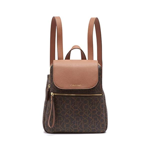Calvin Klein Women's Elaine Signature Key Item Flap Backpack, Brown/Khaki/Luggage Saffiano, One Size