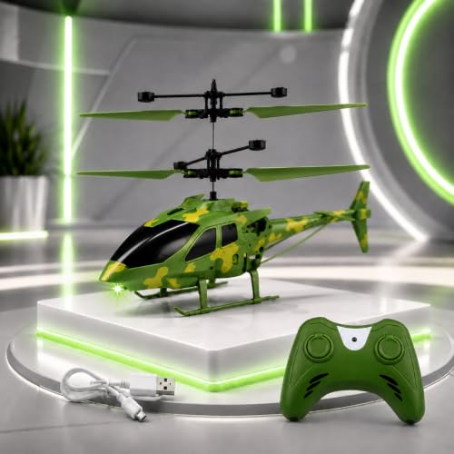 Image of New Age RC Flying Helicopter for Kids | Hand Gravity Sensor, Auto Safety Sensor, USB Rechargeable, Bright 3D LED Lights | Indoor Remote Control Helicopter Toy | Red | Age 4+ Years (Army)