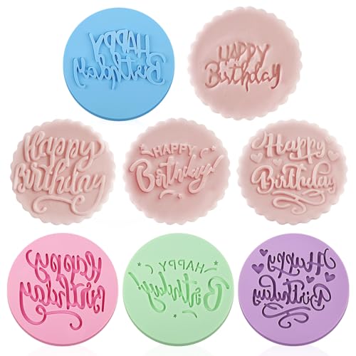 4PCS Happy Birthday Cookie Stamp Cookie Cutters, 3D Design Fondant Stamps, Acrylic Round Cookie Stamps for Cupcake, Cake, Fondant Decoration