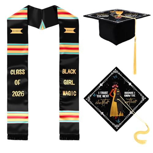 Dunzoom 2026 Kente Graduation Stole and Cap Black Girl Magic Stole Sash African Motivational Inspirational Custom Women