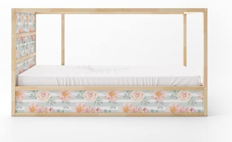 KURA Bed Pale Pink Roses Peonies Gray Leaves Floral Decals Sticker Furniture Decals for Nursery Adhesive