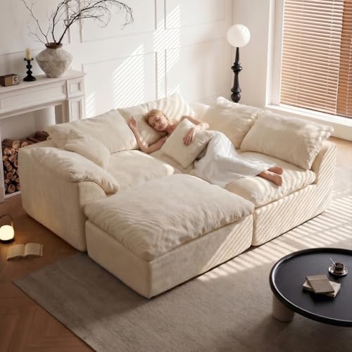 Image of Cloud Couch Sectional for Living Room, Modular L Shaped Boneless Sofa with Chaise, Compressed No Assembly Couch, Deep Seat Chenille Upholstered Convertible Sofa Bed (White)