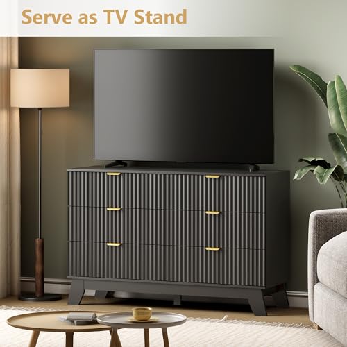 Image of Wodeer 6 Drawer Fluted Dresser for Bedroom, Mid Century Modern Dresser with 6 Drawers, Dressers & Chests of Drawers with Metal Handle, TV Stand & Storage Organizer for Entryway, Hallway, Black
