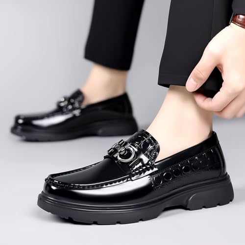 High - end Men's Chunky Platform Loafers, Comfy Slip - On Penny Loafers. Shiny Patent Leather Dressy Shoes for Work, School, Party with Buckle3